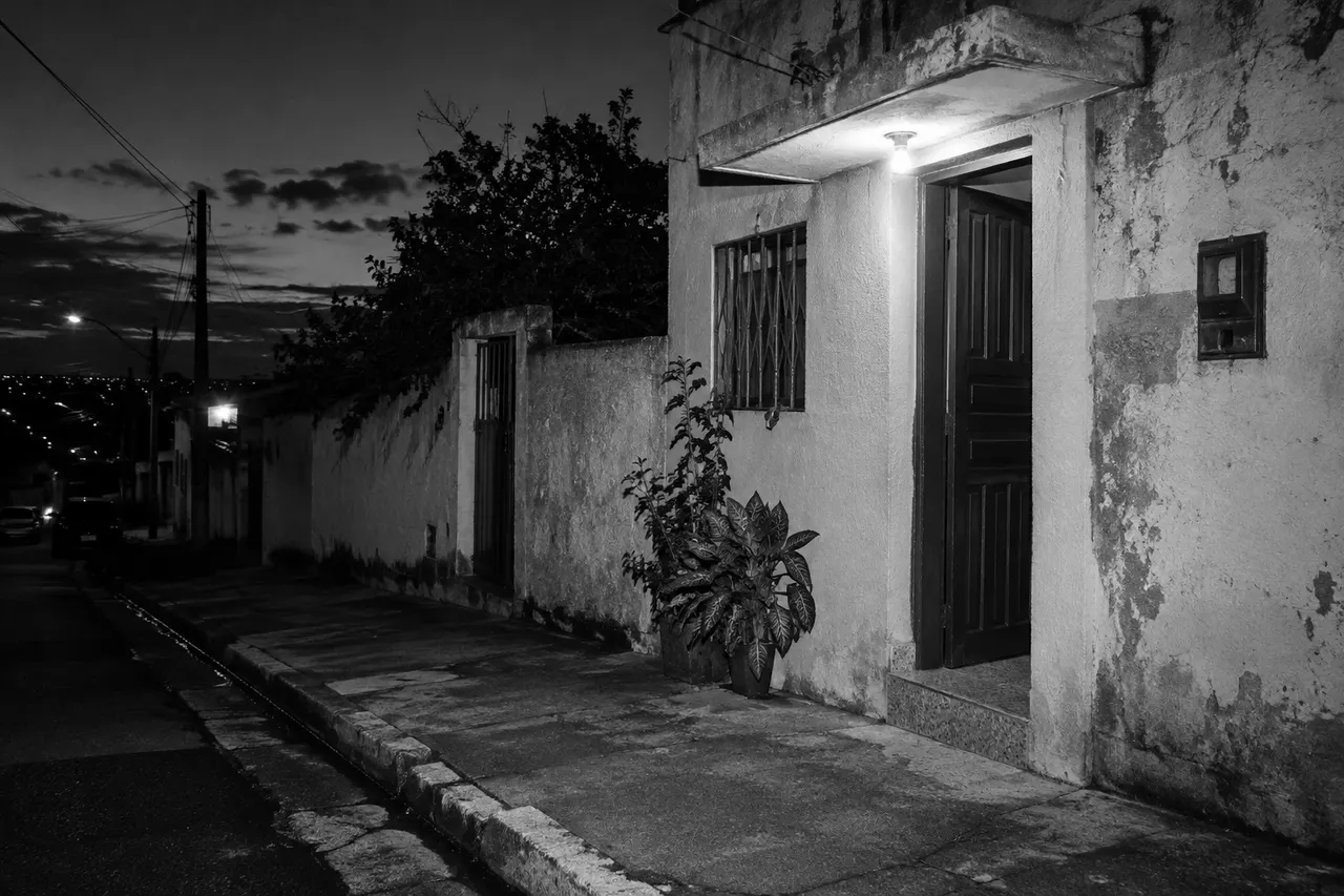 Calçada residencial vazia ao anoitecer.