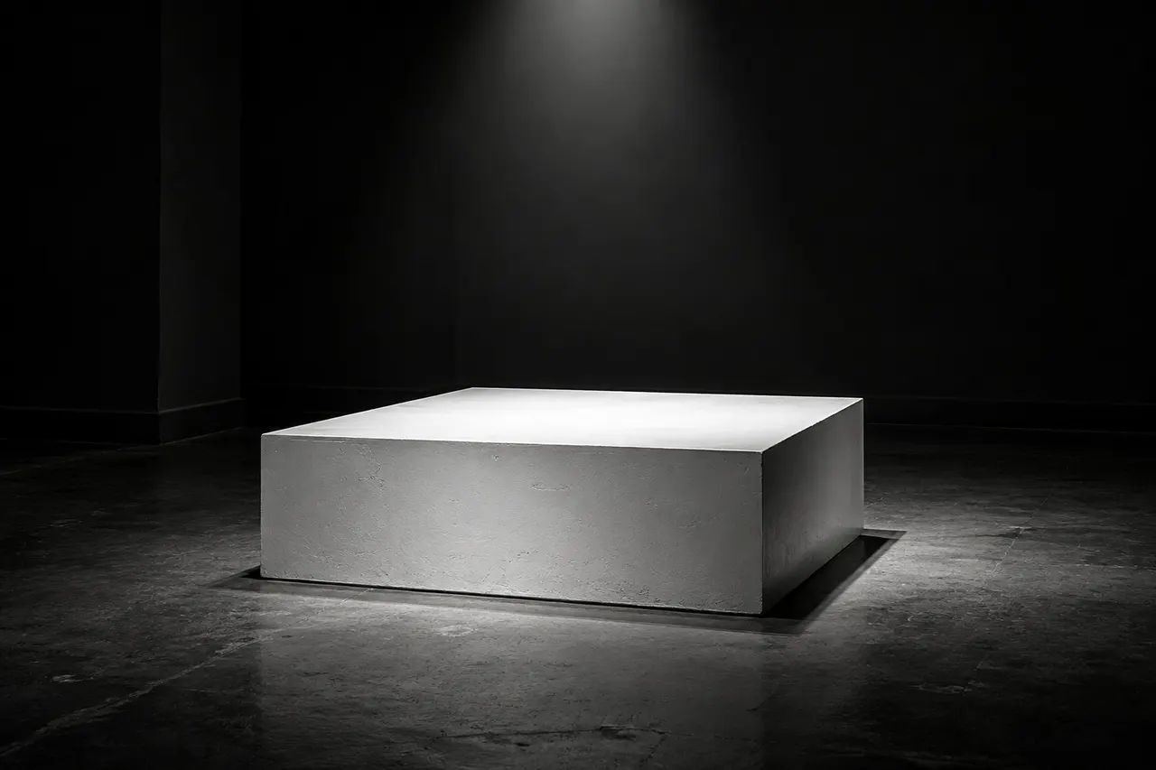 Pedestal vazio iluminado em uma sala escura de exposição.